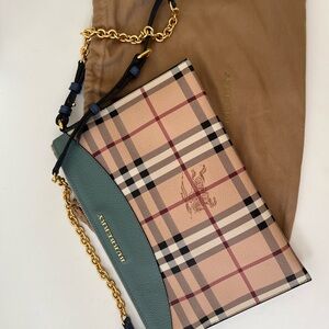 Auth Burberry Check Clutch with Gold Chain